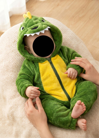Bebe allonge en combinaison dino verte, photo d une cliente