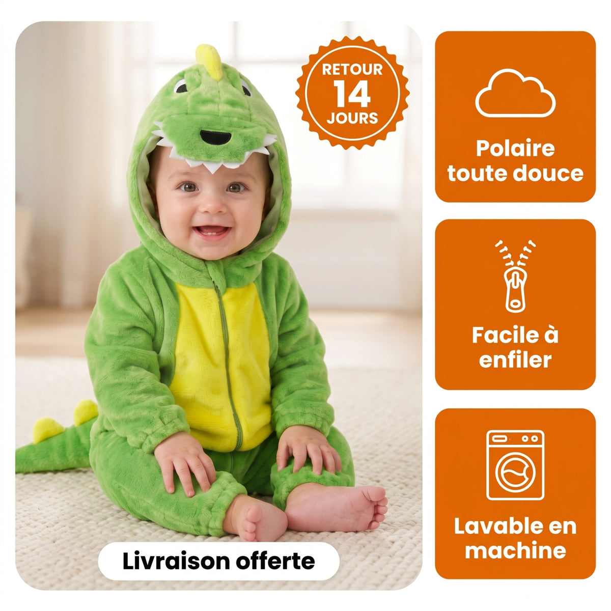 Combinaison dino bébé en polaire verte : retour 14 jours, livraison offerte, lavable en machine