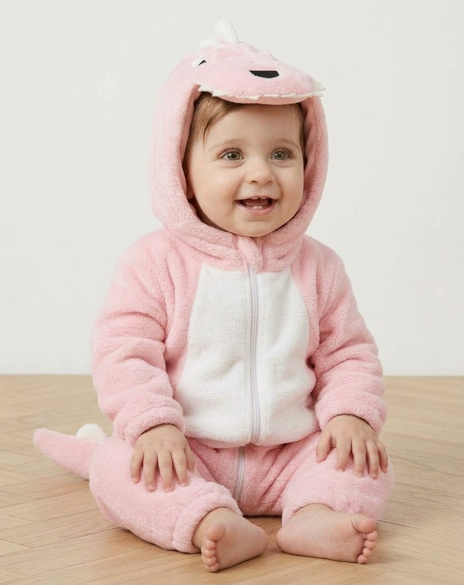 Bébé en combinaison dinosaure rose, plastron blanc