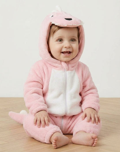 Bébé en combinaison dinosaure rose, plastron blanc