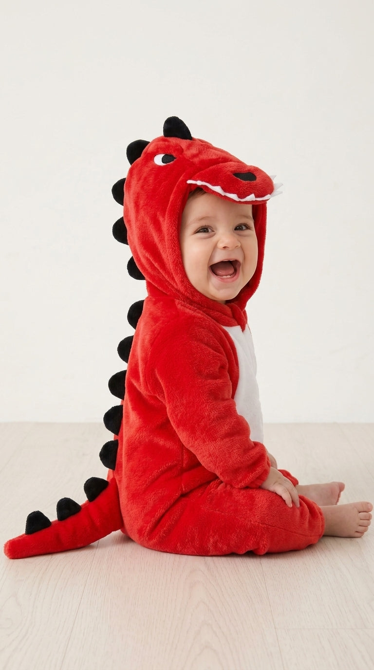 Bébé en combinaison dinosaure rouge à pics noirs, vu de profil