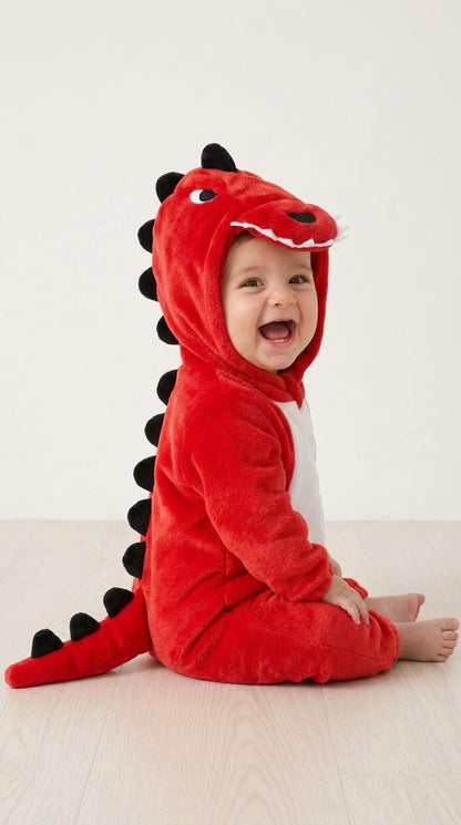 Bébé en combinaison dinosaure rouge à pics noirs, vu de profil