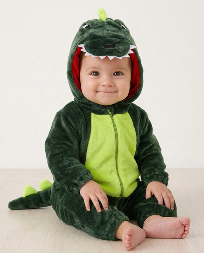 Bébé en combinaison dinosaure vert foncé, plastron vert anis