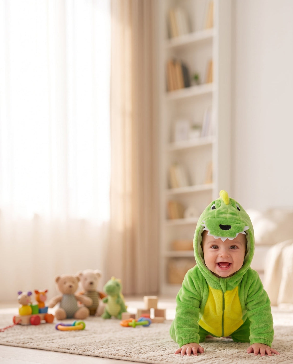 Bébé en combinaison dinosaure verte à quatre pattes dans un salon