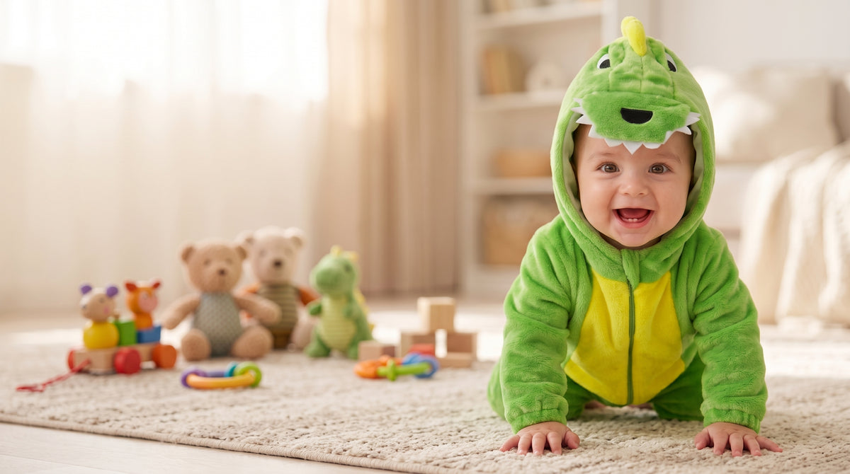 Bébé en combinaison dinosaure verte à quatre pattes dans un salon