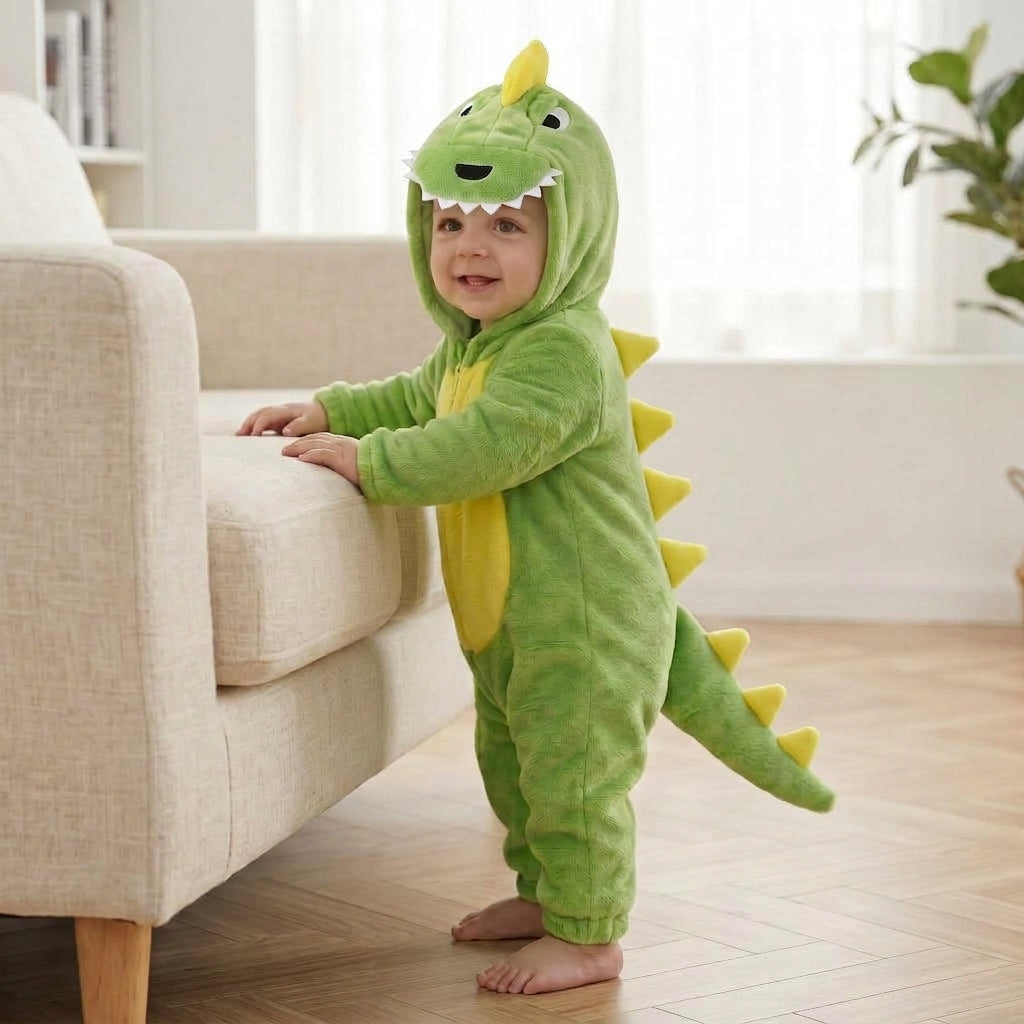 Bébé debout en combinaison dinosaure, queue et pics visibles