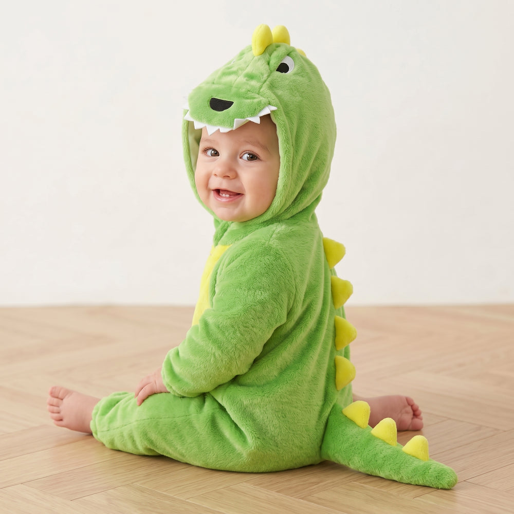 Bébé assis de profil en combinaison dinosaure, pics du dos et queue visibles