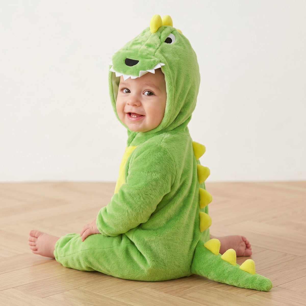 Bébé assis de profil, pics du dos et queue du costume dinosaure