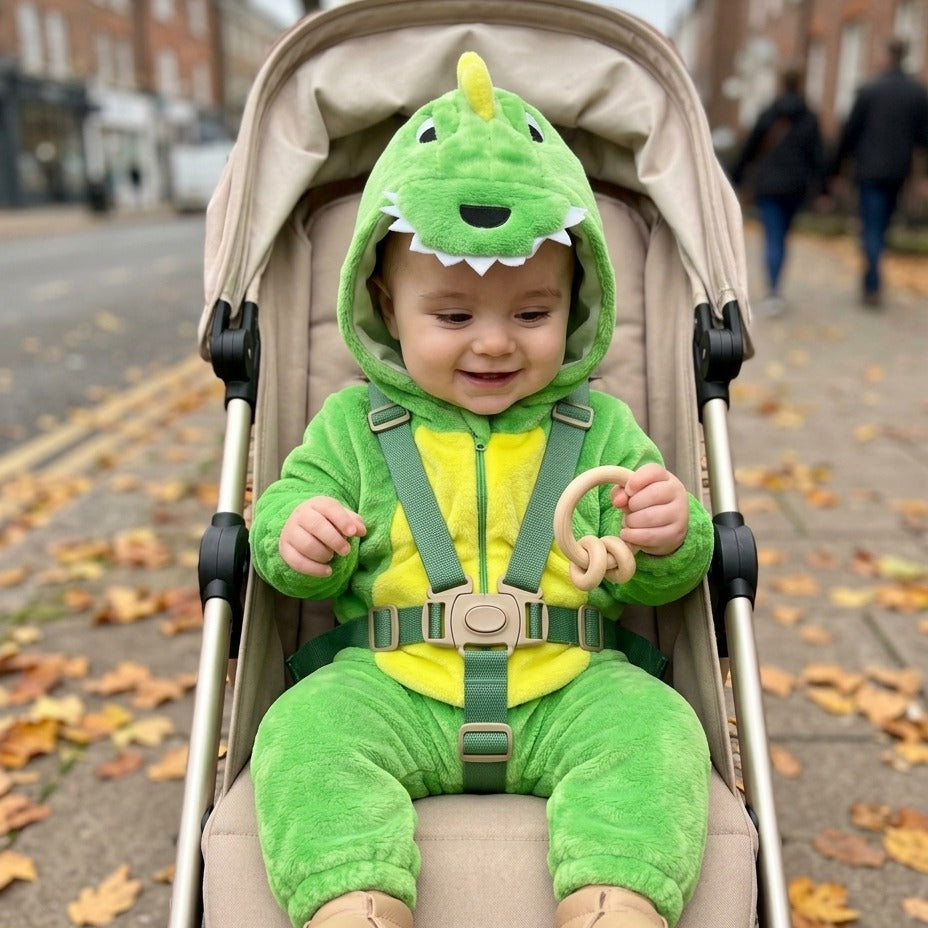 Bébé en combinaison dinosaure dans sa poussette, dehors en automne