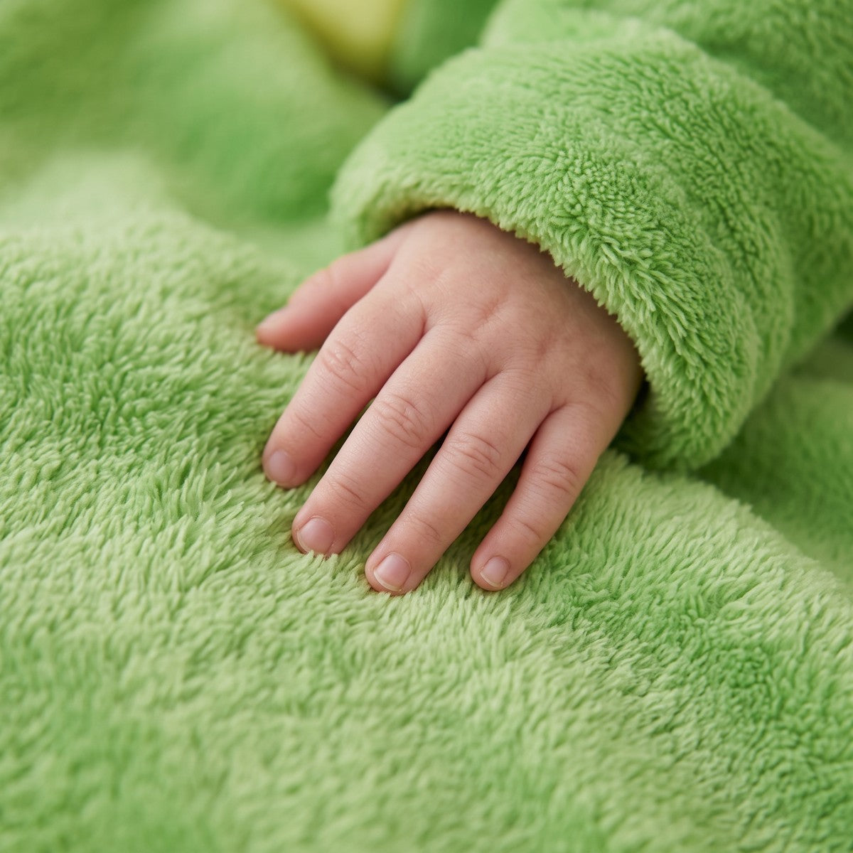 Main de bébé posée sur la polaire verte moelleuse